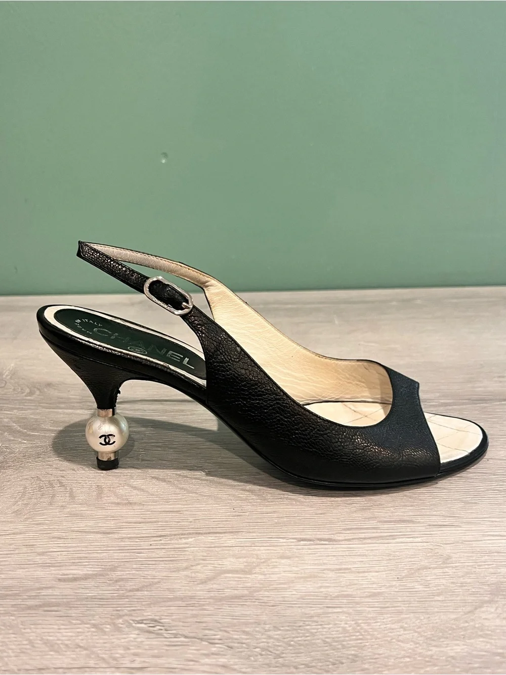 CHANEL Black Open Toe Slingback Pearl Heel
